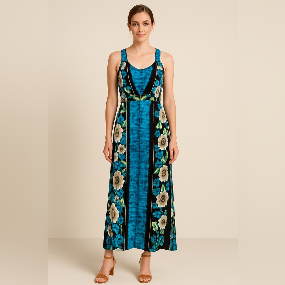 Rickis Blue Floral Tie Dye Maxi Dress Size Medium